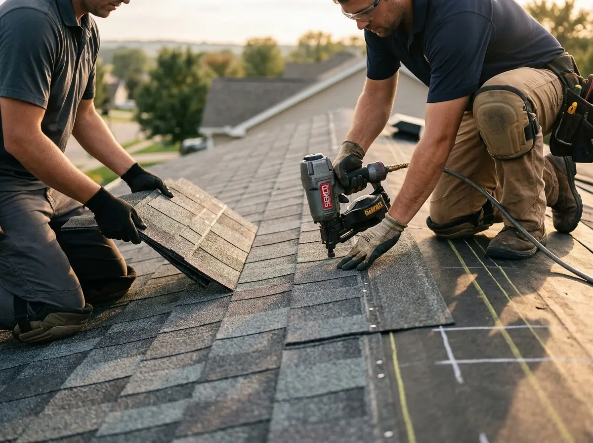 Professional roofer working on a residential roof in Leonia